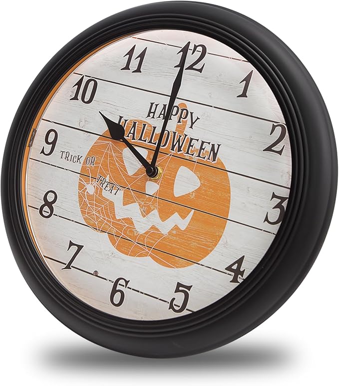 Evelyne Product Image LED Round Wall Clock - 12.5" Happy Halloween Pumpkin Style Dial, Battery Operated, Night-time Sensor - Easy-to-Read Analog for Bedroom, Office & Living Room