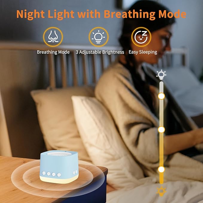 Portable White Noise Machine,Mini Sound Machine for Travel with Breathing Night Light,16 Soothing Sounds,Timer,Rechargeable Brown Noise Machines for Sleeping Adults Gift,Office Privacy,Home (Blue)