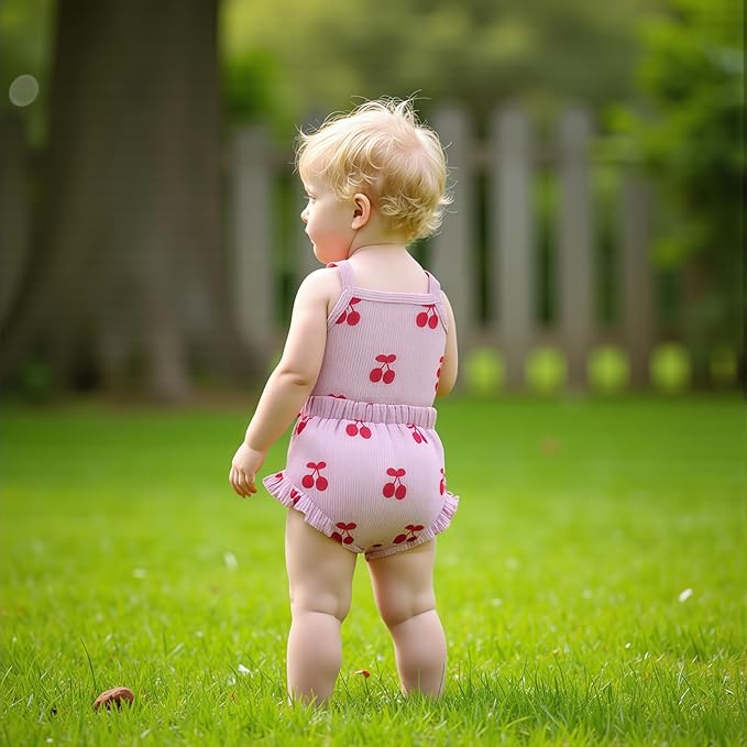 Kaipiclos Cherry Baby Outfit Newborn Infant Girl Clothes Rib Knit Romper & Shorts Waffled Baby Clothes for Girls 0 3 6 12 18M
