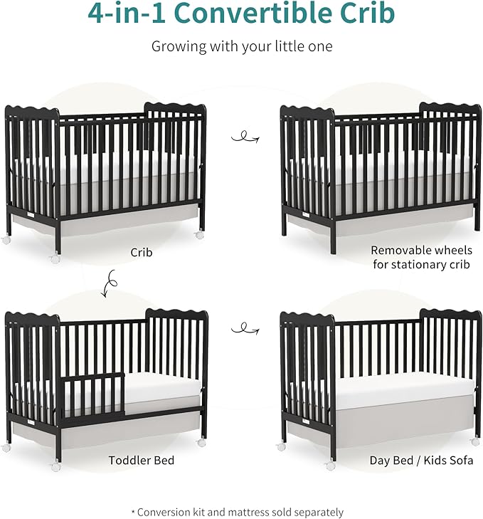 4 in 1 Convertible Baby Crib, Wooden Nursery Cribs Converts into Toddler Bed and Daybed, 3 Adjustable Base, Non-Toxic Finishes, Removable Wheels (Black)