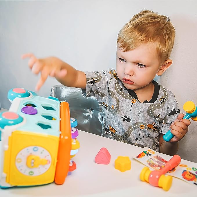 Music Activity Bus Baby Toy, Infant Education Learn Car, Sound & Light, Interactive Game, Shape Sorter, Animal Matching, Holiday Birthday Present for Toddler Kid Boy Girl 3 4 5 6 7 Years (Blue)