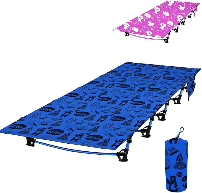 Kids Camping Cot and Toddler Travel Bed | Lightweight and Compact Cots for Sleeping | Portable Folding Cot for Toddler, Kids, Youth and Even Adults (Blue, 63" x 23.5")