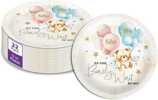 Birthday Galore We Can Bearly Wait Teddy Bear Gender Reveal - 32 Piece Disposable Party Supplies - Bear Gender Reveal Decorations - Round Party Plates - Large 9" Paper Plates In Bulk
