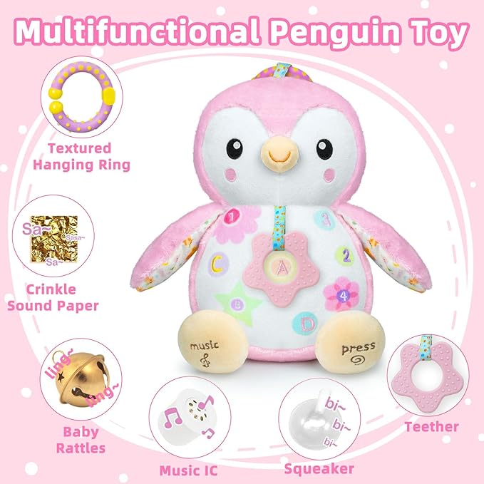 Baby Toys 0-6 Months,Musical Plush Stuffed Animal with Rattles & Crinkle Paper,Hanging Ring for Sensory Play,Tummy Time Toys for 0-12 Months Girls, Baby Girl Gift (Pink)