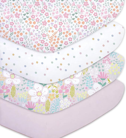 Little Grape Land Toddler Sheets 4 Pack – Baby Crib Sheets Fitted for Boys Girls, Standard Size 28x52‘’ Crib Mattress, Super Soft Breathable Washable Microfiber (Floral/Blossom/Dots/Blush Pink)