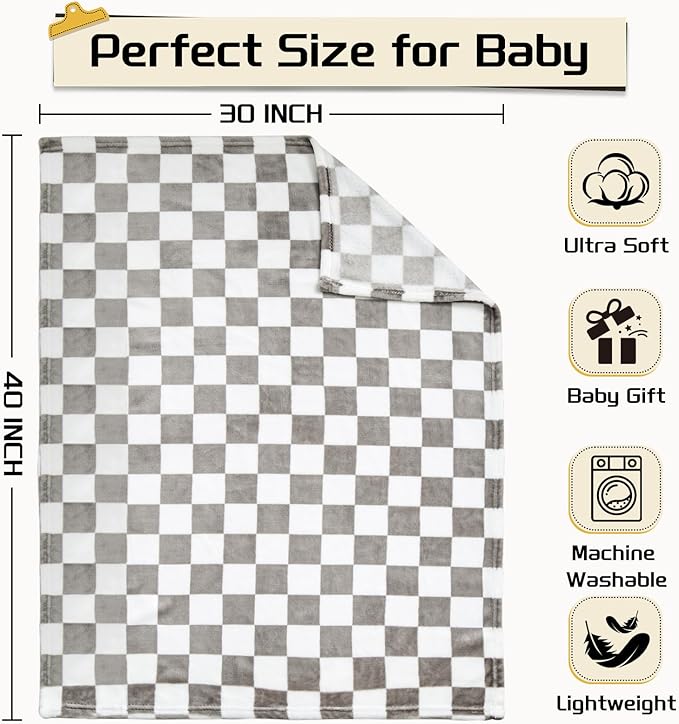 Yurhap Checkered Baby Blanket Fleece Baby Blankets Neutral for Boys Girls, Super Soft Warm Lightweight Infant Toddler Newborn Receiving Gifts for Crib Stroller, 30x40 Inch, Greige