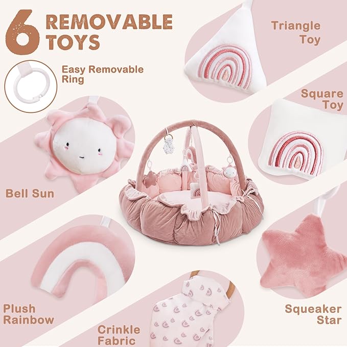 HAN-MM 5-in-1 Convertible Baby Play Gym with 6 Toys, Tummy Time Mat for Sensory Development, Baby Activity Center from Newborn to Toddler, Ball Pit, Cat & Dog Bed, Soft Plush Pet Bed, Pink