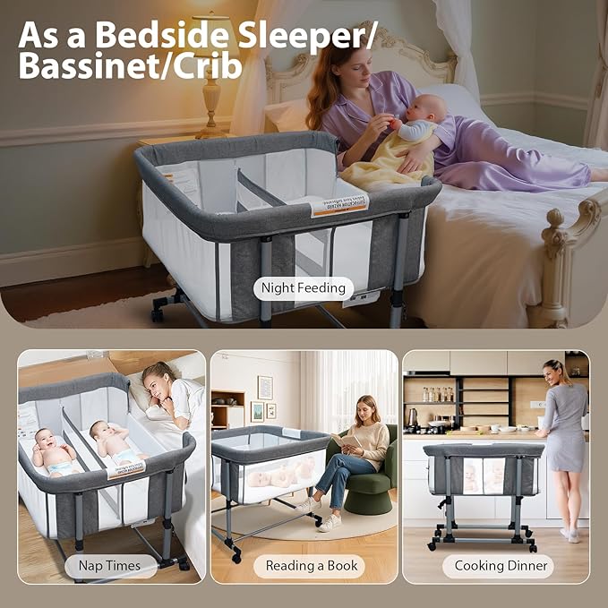 Twin Bassinet for 2 Babies, Double Bassinet for Twins, Baby Bassinet with Wheels, Full-Mesh Sides, 5-Height Adjustable, Portable and Stable Baby Crib for Newborns (Basic Grey)