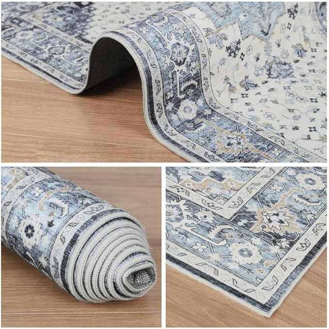 Dripex Vintage Washable Area Rug - 2x4 Indoor Door Mat Oriental Medallion Accent Throw Rug Distressed Foldable Non-Slip Low-Pile Bathroom Kitchen Rug for Entryway Laundry Room Living Room Bedroom