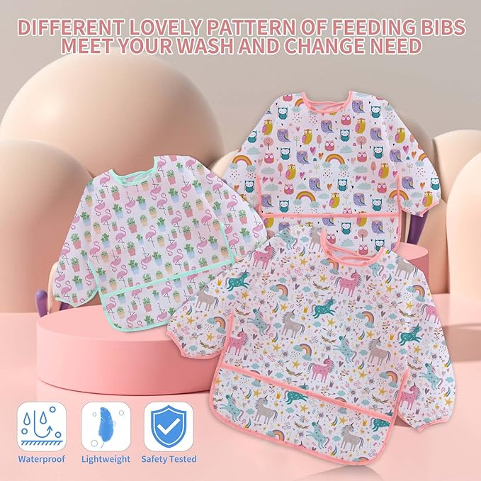3 Pcs Waterproof Long Sleeves Baby Bibs Weaning Smock Bib 3-24 Months