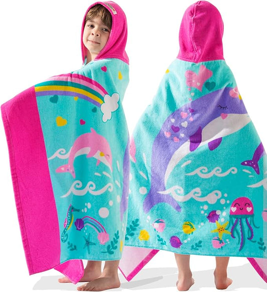 VOOVA & MOVAS Kids Hooded Beach Towels (3-10Years, 30''X50) | 100% Cotton | Large Soft Thick Absorbent Wrap Blanket | Ideal for Beach, Pool, Bath | Pink Whale