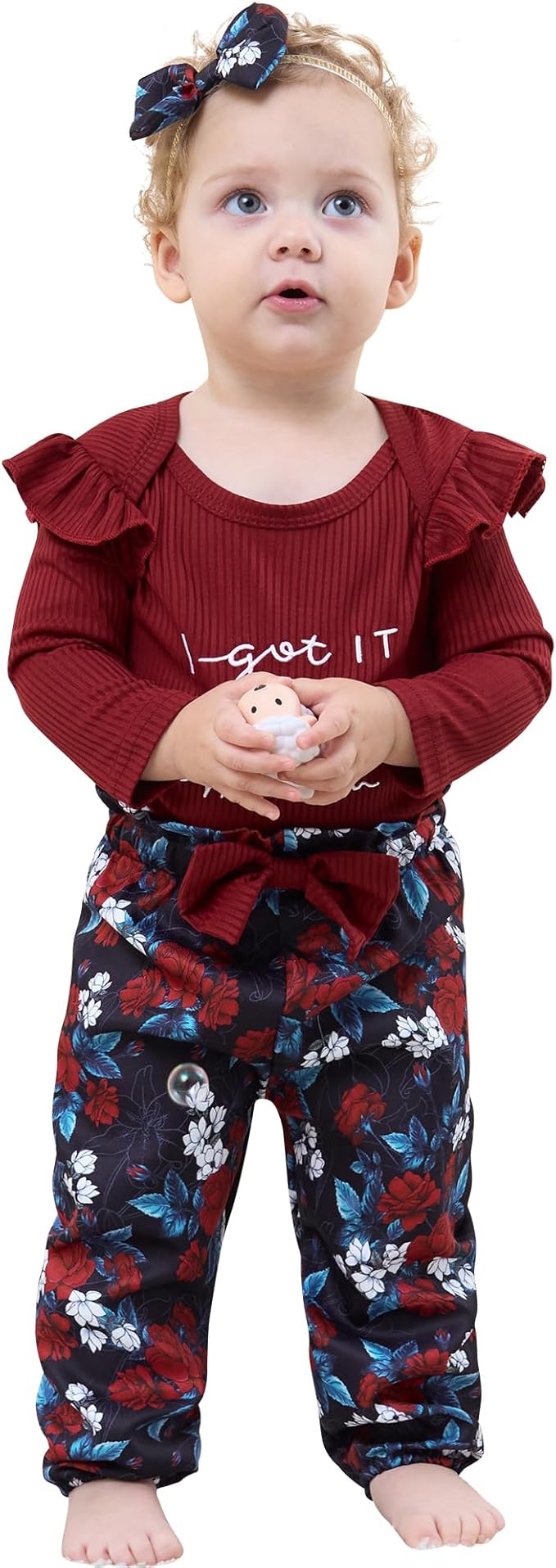 DISAUR Baby Girls Clothes Newborn Infant Baby Girls Outfit Long Sleeve Ruffle Romper Floral Pants Headband Sets 0-18 Months