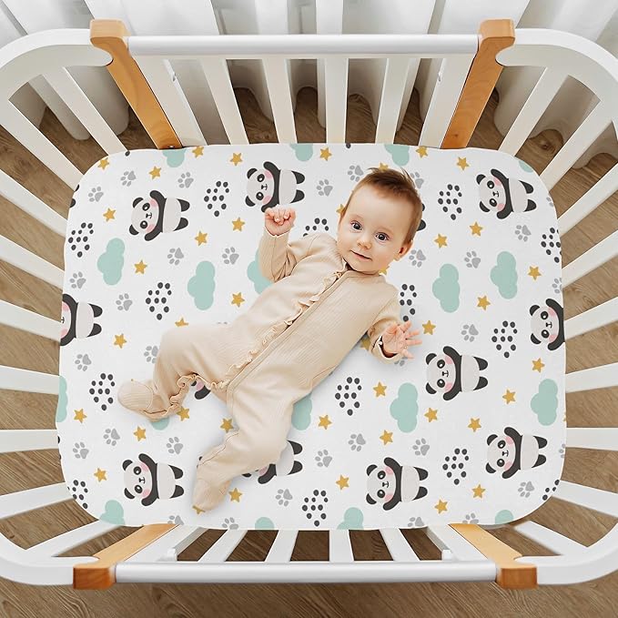Baby Crib Sheets Panda Stars and Clouds Crib Sheets for Boys Girls,Neutral Bassinet Toddler Bed Play Sheets Breathable Soft and Portable 52 * 28 * 9in
