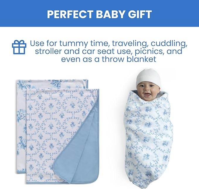 Delta Children 100% Organic Jersey Cotton Baby Receiving Blankets for Girls and Boys – 30x40 Inches - GOTS Certified (Pack of 2), Blue Botanicals