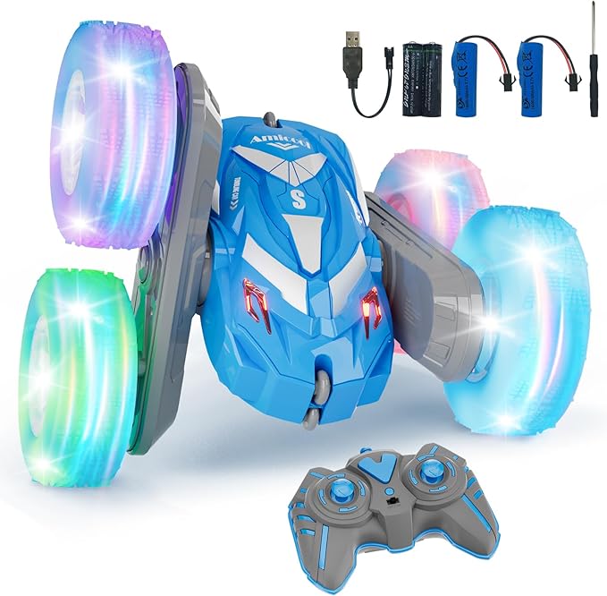 Remote Control Car for Boys 3-12 with Flashing Light, 6 7 8 9 Years Old Boy Toys, RC Cars Stunt 4WD Double Sided 360 Flip, Boy Gift Idea for Kids Birthday Present Christmas Indoor Outdoor Blue