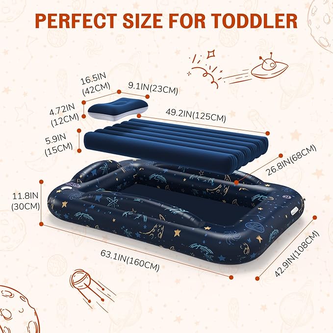 Inflatable Toddler Travel Bed Portable Camping Air Mattress with Electric Bumpers Blow Up Toddler Bed with Safe Sides Kids Travel Essentials Set for Vacation Home Outdoor-Starry Sky Blue