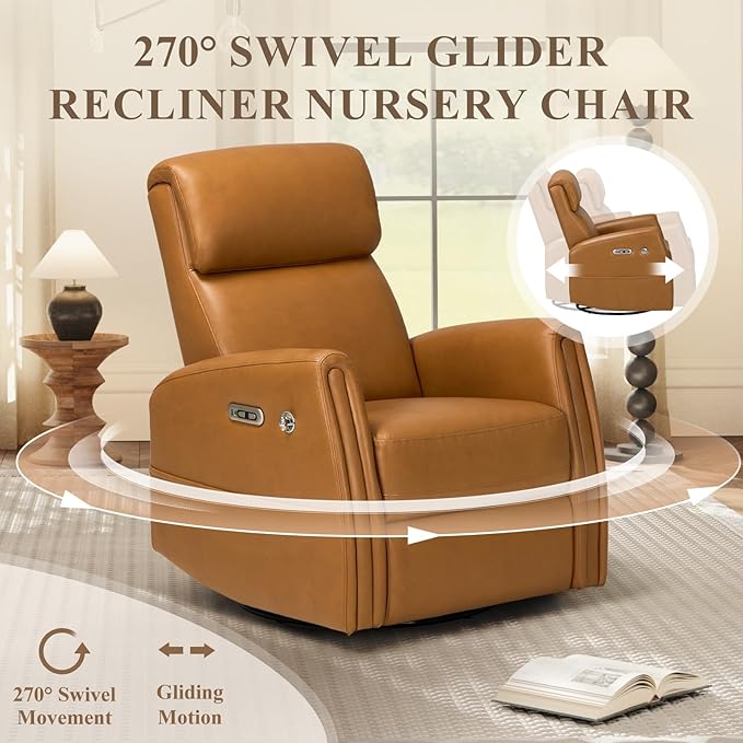 COLAMY Power Recliner Chair Swivel Glider, Faux Leather Rocking Recliner with USB-C & USB-A Charging for Nursery, Living Room or Bedroom, Padded Headrest, Removable Device Stand, Cognac Brown