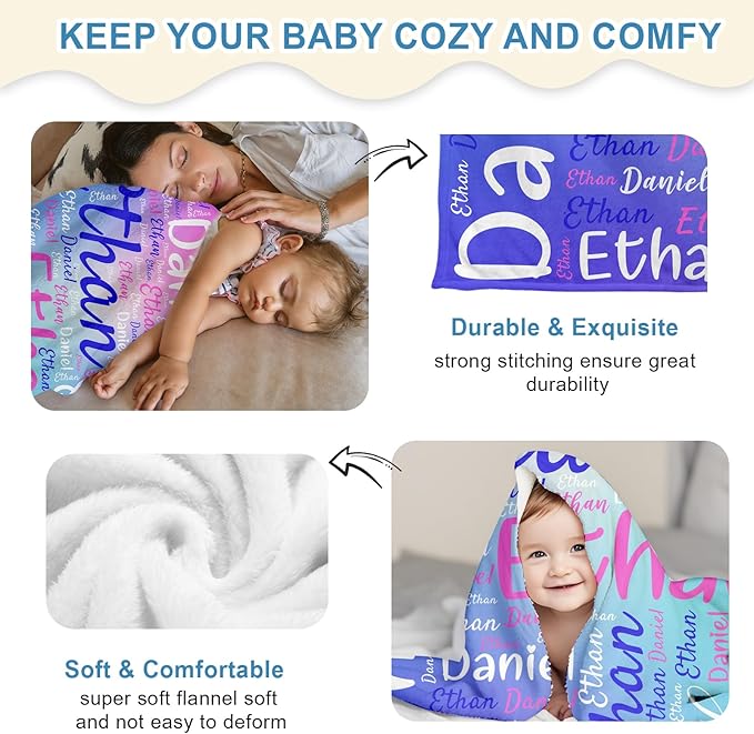 Ships Next Day, Custom Name Blanket for Kids Teen Girls Boys Adults - Printed in USA, Personalized Baby Blanket, Soft & Cozy Blankets Customized Easter Christmas Birthday Gifts for Toddlers Women Men