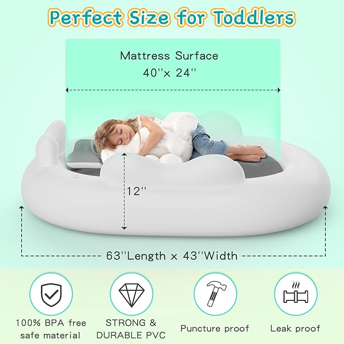 Inflatable Toddler Travel Bed with 3-Sides Blow Up Mattress for Kids Portable Baby Air Mattress with Electric Pump for Home Use, Camping-Grey
