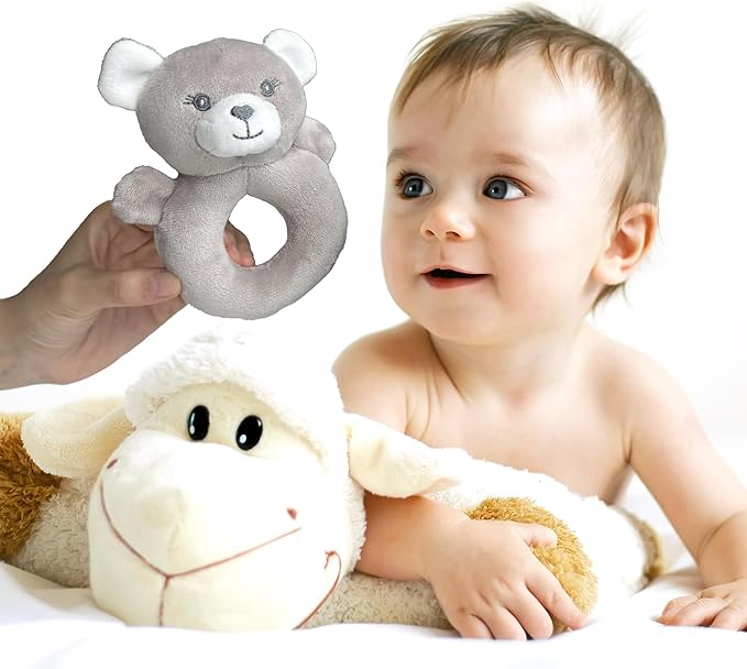 CREVENT Cozy Plush Baby Security Blanket Loveys for Baby Girls Boys, Stuffed Animal Ring Rattle Shaker Toy for Newborns (Bear + Handbell)