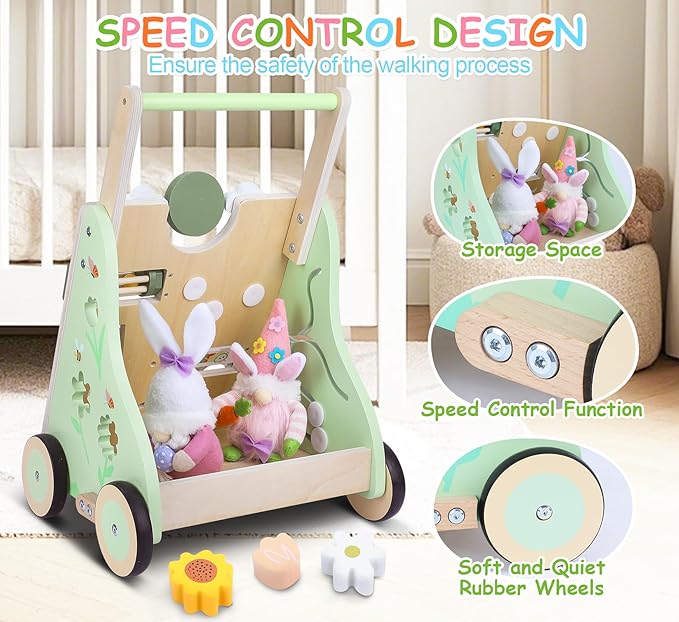 Wooden Baby Walker with Wheels, Toddler Push and Pull Walker Toys, Montessori Multiple Baby Activity Center Push Cart for Babies 6-12 Months 1 2 3 Years Old (Farm)