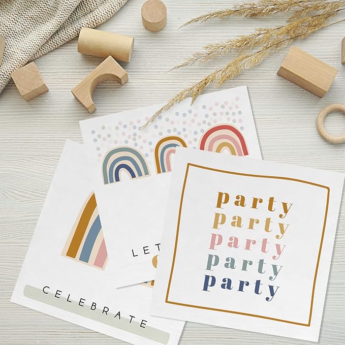 Modern Rainbow Party Beverage Napkins / 48 Colorful Celebrate Cocktail Napkins / 4 Stylish Gender Neutral Designs / 4 3/4" x 4 3/4" Birthday Baby Shower 4 3/4" x 4 3/4" Napkin Set/Made In The USA