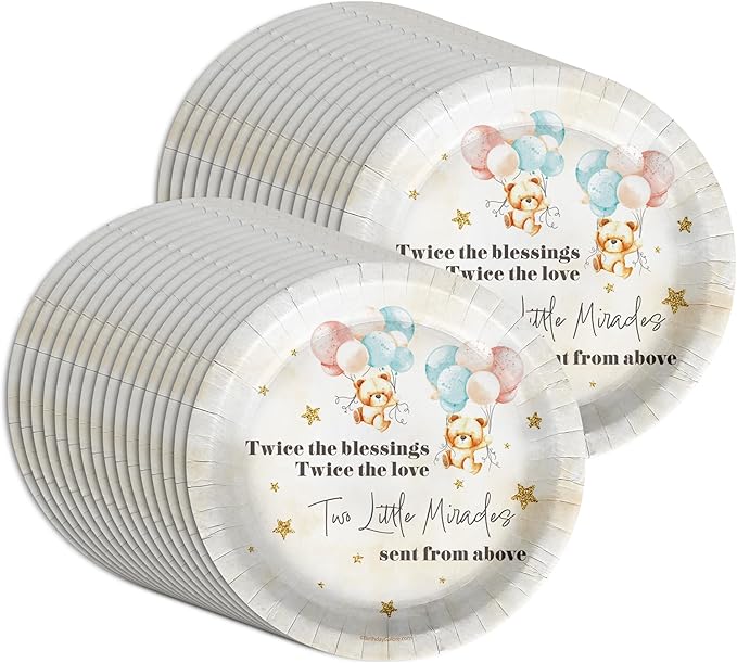 Birthday Galore Twin Teddy Bear Baby Shower - 32 Piece Disposable Party Supplies - Twins Baby Shower Decorations - Round Party Plates - Large 9 Inch Paper Plates In Bulk