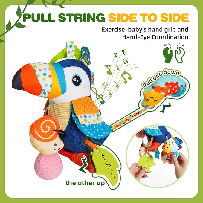 Jollybaby Musical Activity Pull String Hanging Toy for Baby Stroller Car Seat Crib Play Gym, Plush Stuffed Toucan Sensory Toys for Carseat with Music Teether Rattles, Baby Boys and Girls Gift