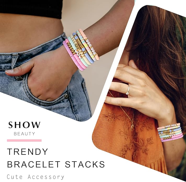 Friendship Bracelets Trendy Heishi Clay Bead Bracelets Stack Gold Beaded Stretch Bracelets for Women Boho Stackable Bracelets Bulk Cute Preppy Jewelry