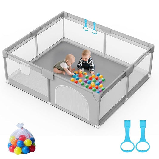 79” x 71” Playpen for Babies and Toddlers - Safe Baby Fence with 50 PCS Ocean Balls and 2 Pull Handles for Indoor - Large Baby Playpen for Activity Center - Play Yard with Non-Slip Suction Cups
