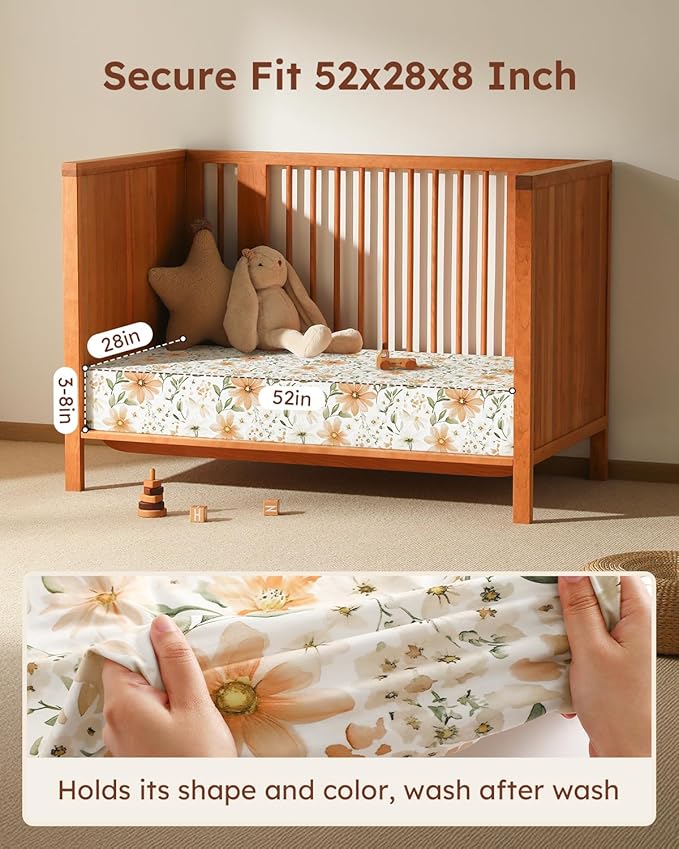 Baby Crib Sheets for Boys Girls, Fitted Crib Sheet Neutral 3 Pack for Standard Crib and Toddler Mattress, Breathable Soft Microfiber Baby Sheet 28x52x8in Orange Flowers & Plaid