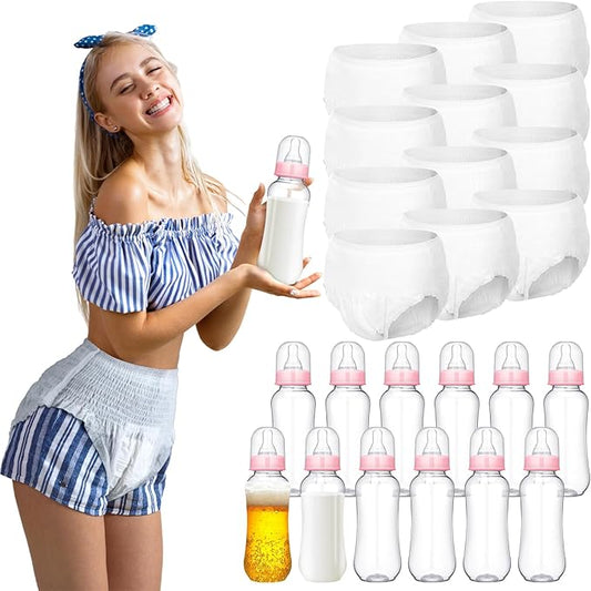 Hushee 12 Sets Funny Plastic Bottle Chug Baby Shower Games Diaper Baby Shower Game Gender Reveal Race Gifts Decoration for Adults Boys Girls (Pink)