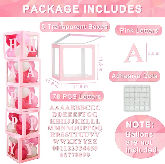 Ledido Transparent Balloon Boxes With 78 Letters, Pink Baby Boxes with Letters for Baby Shower Clear Letter Boxes for Party Wedding Birthday Baby Shower Decorations 5 PCS