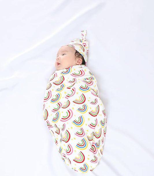 Newborn Swaddle Blanket with Hat Set,Unisex Baby Receiving Blanket Nursery Wrap for Girls and Boys, Viscose Made from Bamboo Rainbow One Size