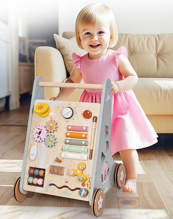 MICKYU Wooden Baby Walker with Wheels | Montessori Baby Push Walker Activity Center Toys Gifts for Boys Girls