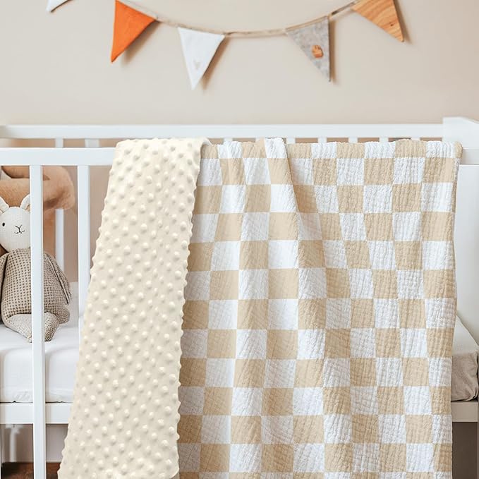 Checkered Baby Blankets for Boys Girls, Soft Nursery Minky Blankets with Muslin and Dotted Fleece Back 30x40 inches, Receiving Bed Quilt for Newborn, Infants, Toddlers