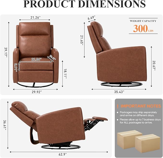 COLAMY Recliner Chair, PU Leather 360° Swivel Rocker Recliner, Nursery Glider Recliner with Ergonomic High Backrest and Upholstered Deep Seat for Living Room, Bedroom, Color Cocoa