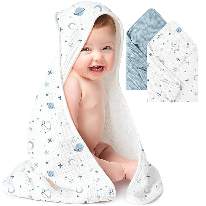 Konssy 2-Pack Muslin Hooded Baby Towels, 100% Cotton, Ultra-Soft & Absorbent Baby Bath Towels with Hood for Newborn & Infant (Blue, Star,30" x 30")