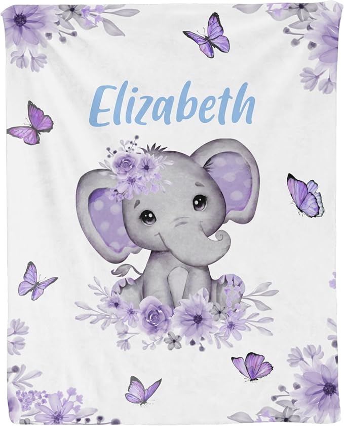 Personalized Baby Blanket for Girls Elephant Custom Baby Blankets with Name Dotted Backing Customized Gifts for New Mom Customize Baby Blanket for Kids Newborn Birthday Purple