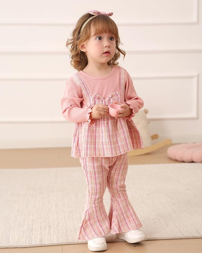 Kucnuzki Toddler Baby Girl Clothes Outfit Long Sleeve Plaid T Shirt Top Flare Leggings Pants 2 Piece Outfit Kids Clothes