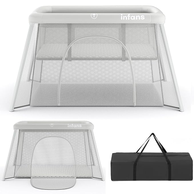 INFANS Travel Crib, Portable Baby Playpen with Removable Bassinet Soft Mattress Carry Bag, Foldable Lightweight Playard Nursery Center for Newborns Toddlers (Light Gray)