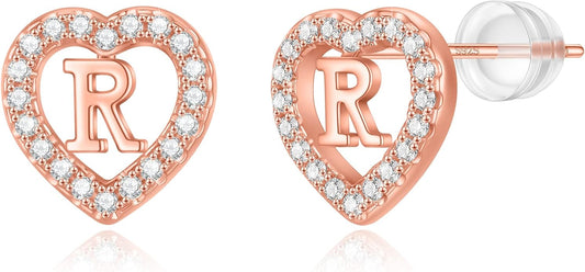 Initial Heart Earrings for Girls, Sterling Silver Post Silver/Rose Gold Heart Initial Stud Earrings for Little Girls Kids Baby Earrings Non Tarnish Hypoallergenic Earrings for Teen Girls Gifts Jewelry