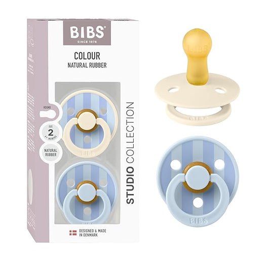 BIBS Pacifiers - Colour Studio 2 Pack | Round Nipple Baby Pacifier | BPA Free Natural Rubber Latex Soother | Made in Denmark | Size 6+ Months | Block Baby Blue Dusty Blue