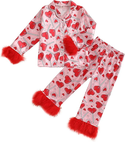 Toddler Kids Baby Girl Solid Pjs Ruffle Long Sleeve Button Shirt Top and Pants Cotton 2Piece Pajamas Set