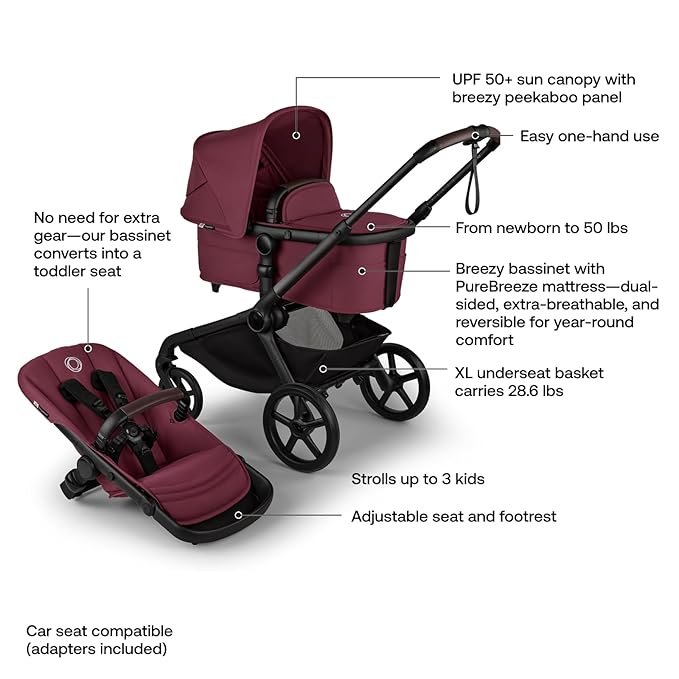 Bugaboo Kangaroo All-Terrain Single-to-Double Tandem Stroller for Infant and Toddler, for Up to Three Kids, XL Wheels, One-Hand Operation, Large Bassinet, XL Underseat Storage (Dark Cherry)