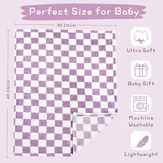 Yurhap Checkered Baby Blanket Fleece Baby Blankets for Girls, Ultra Soft Cozy Fluffy Infant Toddler Newborn Receiving Blankets for Crib Stroller, 30''x40'', Purple
