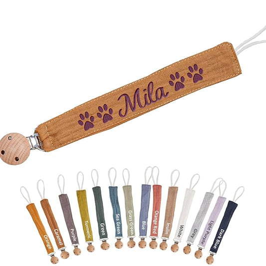 Custom Boho Pacifier Clip Holder with Embroidered Name – A Perfect Personalized Baby Baptism Gifts in Eco-Friendly Bamboo! (Caramel)