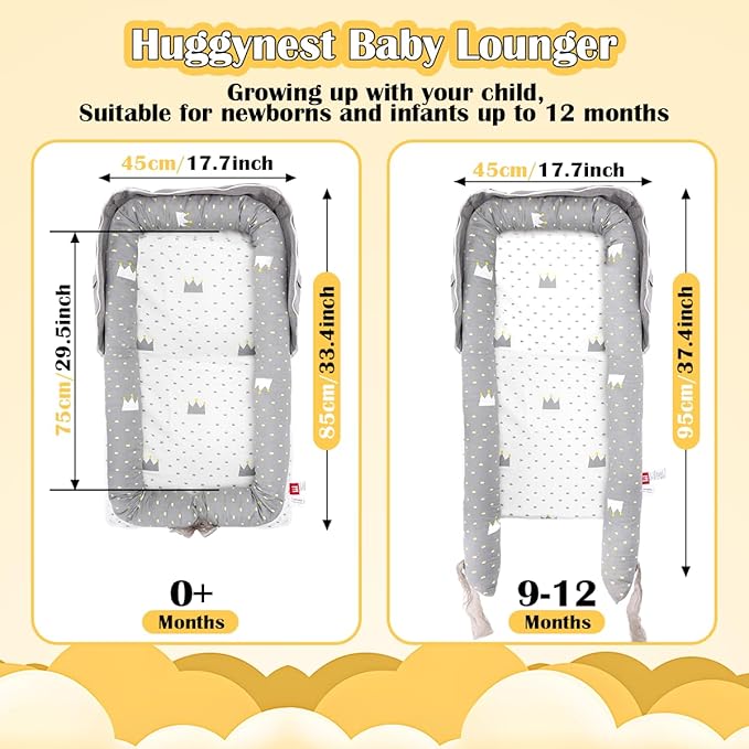 Infant Lounger, Baby Nest for Newborns, Portable Breathable Baby Lounger Adjustable U-Shaped Safety Bumper for Cozy Comfort - Crown Ash