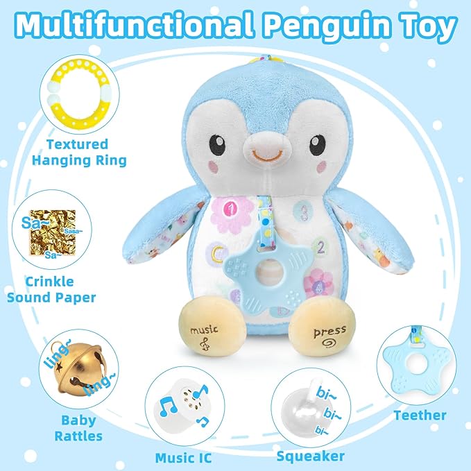 Baby Toys 0-6 Months,Musical Plush Stuffed Animal with Rattles & Crinkle Paper,Hanging Ring for Sensory Play,Tummy Time Toys for 0-12 Months Girls, Baby Girl Gift (Blue)