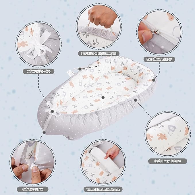 ALINUX Baby Lounger for Newborn 0-24 Months,100% Cotton Baby Lounger Cover, Suitable for Babies Aged 0-24 Months,Grey